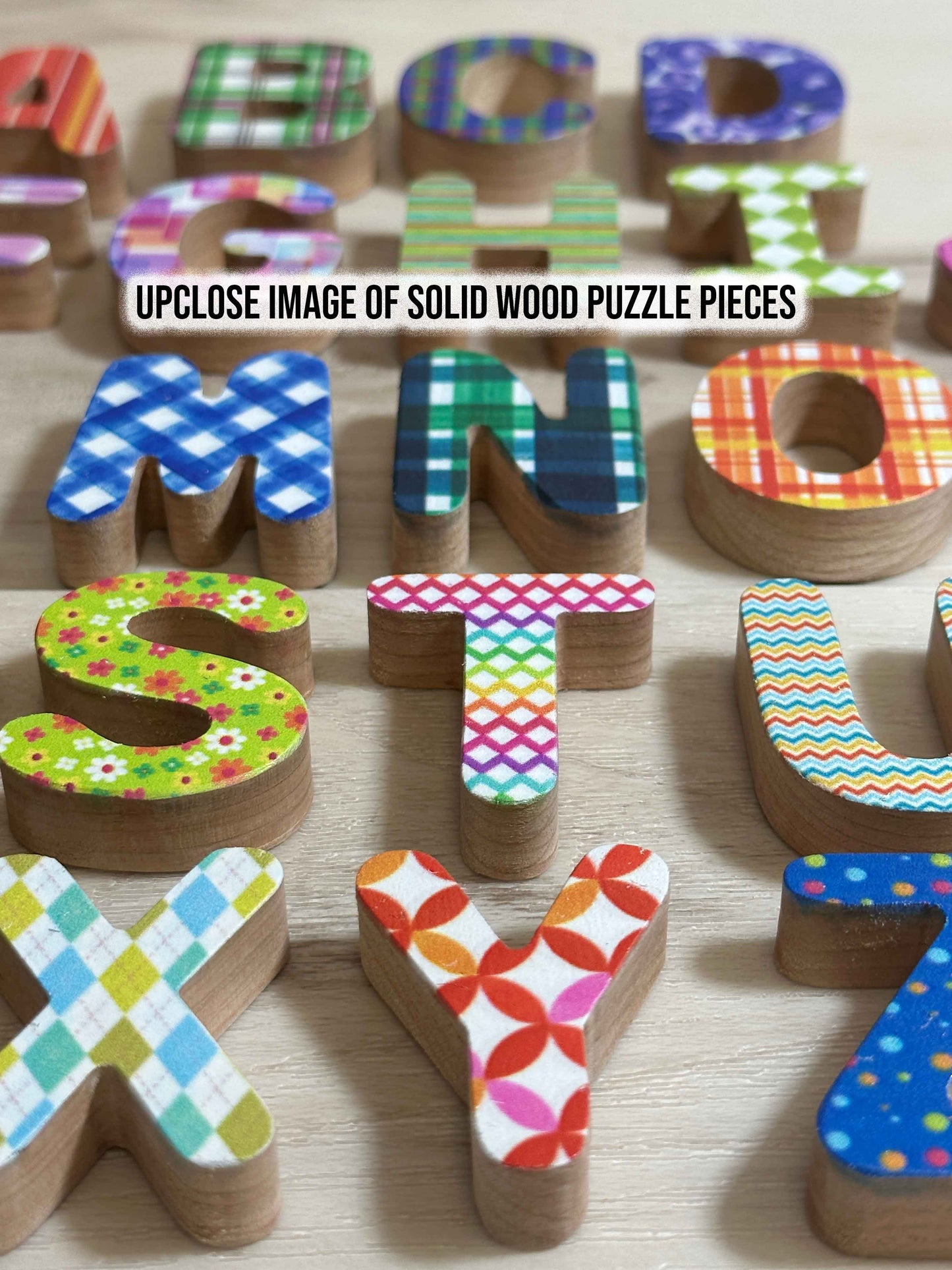 ABC-123 FlipCraft Round 13" Solid Wood Puzzle, Dual-Sided, 26 Letters, 0-9 and 16 Shapes, Demin