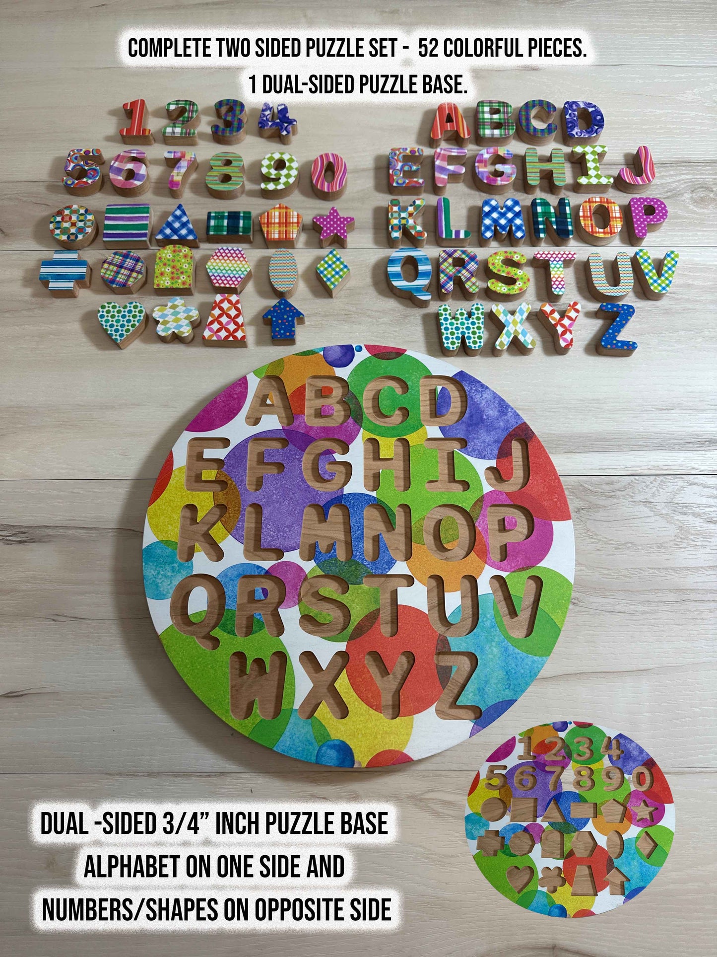 ABC-123 FlipCraft Round 13" Solid Wood Puzzle, Dual-Sided, 26 Letters, 0-9 and 16 Shapes, Colorful Circles