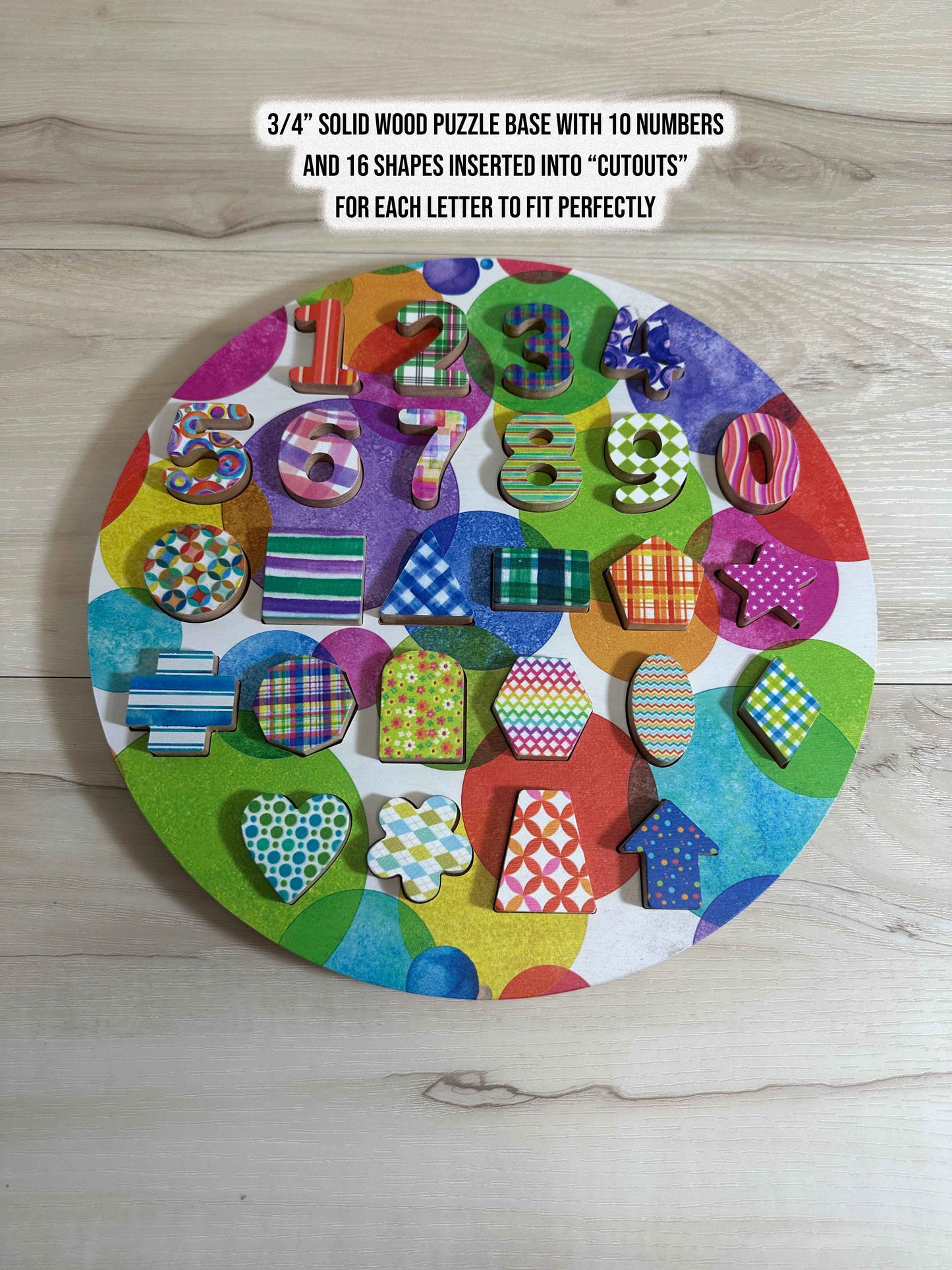 ABC-123 FlipCraft Round 13" Solid Wood Puzzle, Dual-Sided, 26 Letters, 0-9 and 16 Shapes, Colorful Circles