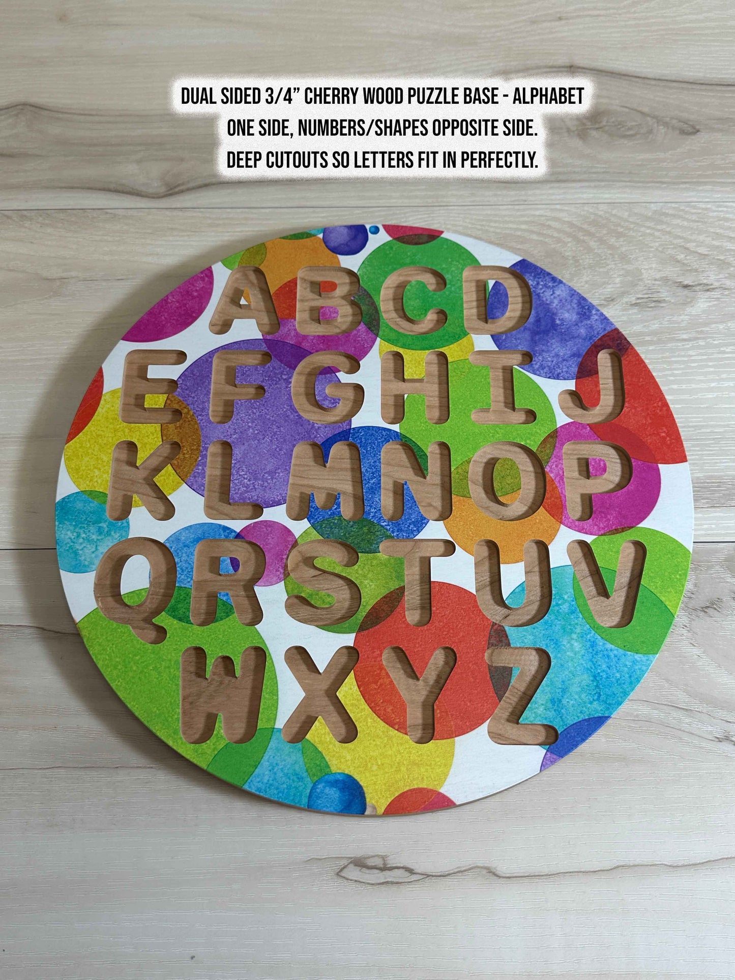 ABC-123 FlipCraft Round 13" Solid Wood Puzzle, Dual-Sided, 26 Letters, 0-9 and 16 Shapes, Colorful Circles