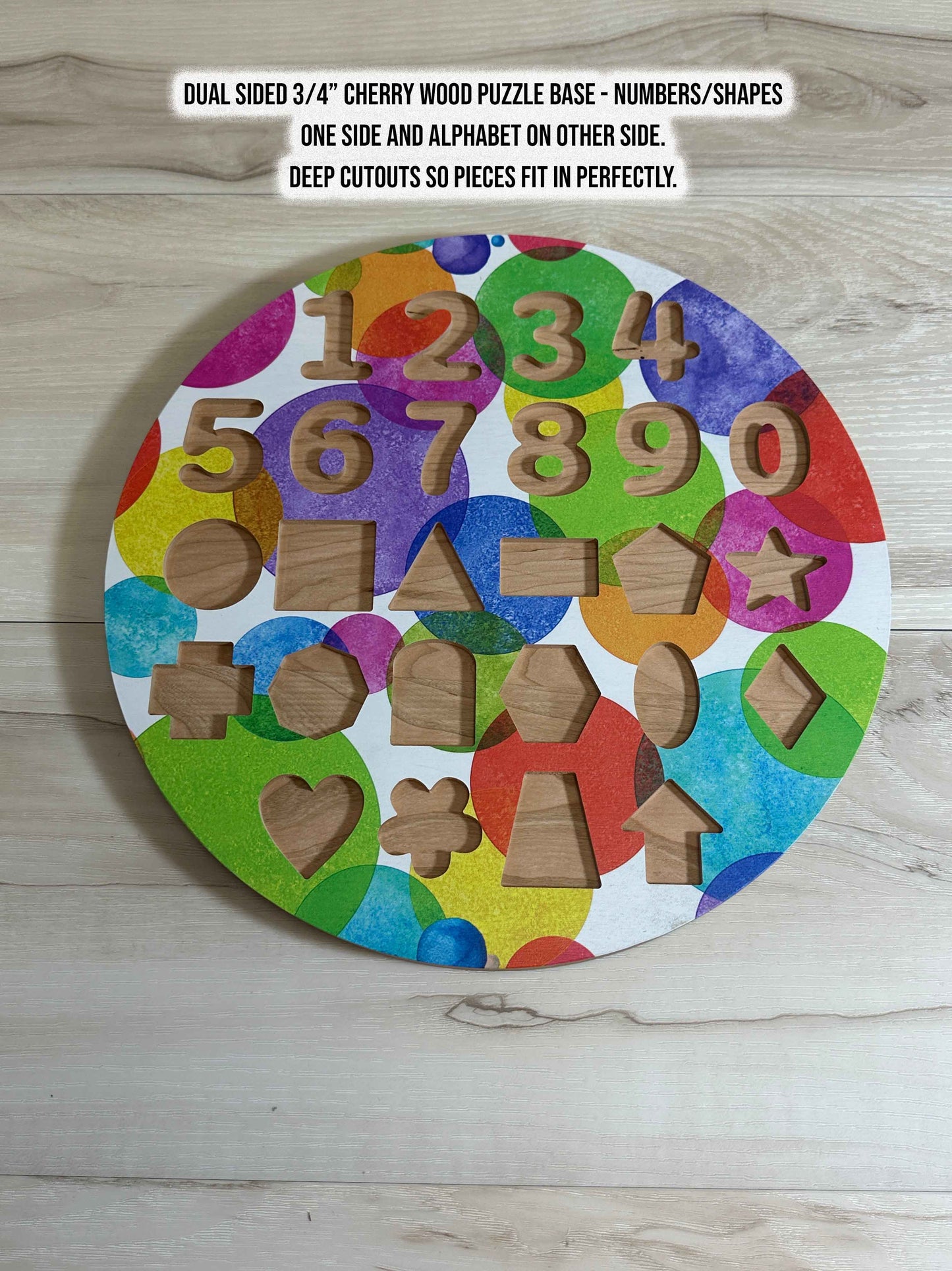 ABC-123 FlipCraft Round 13" Solid Wood Puzzle, Dual-Sided, 26 Letters, 0-9 and 16 Shapes, Colorful Circles
