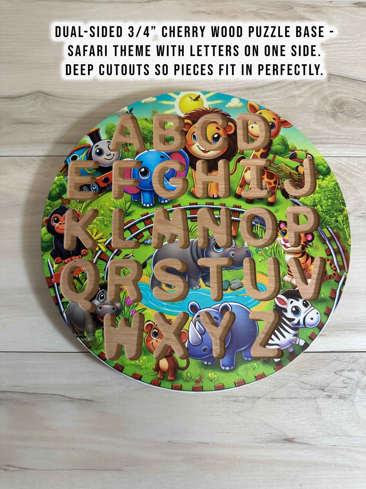 ABC-123 FlipCraft Round 13" Solid Wood Puzzle, Dual-Sided, 26 Letters, 0-9 and 16 Shapes, Safari/Farm Theme