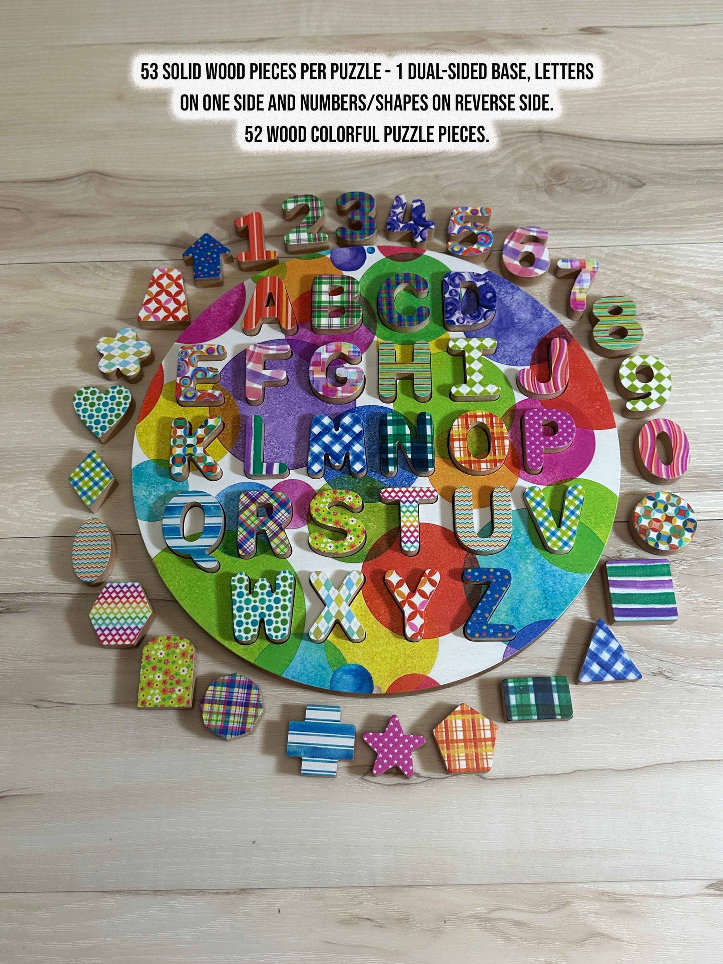 ABC-123 FlipCraft Round 13" Solid Wood Puzzle, Dual-Sided, 26 Letters, 0-9 and 16 Shapes, Colorful Circles