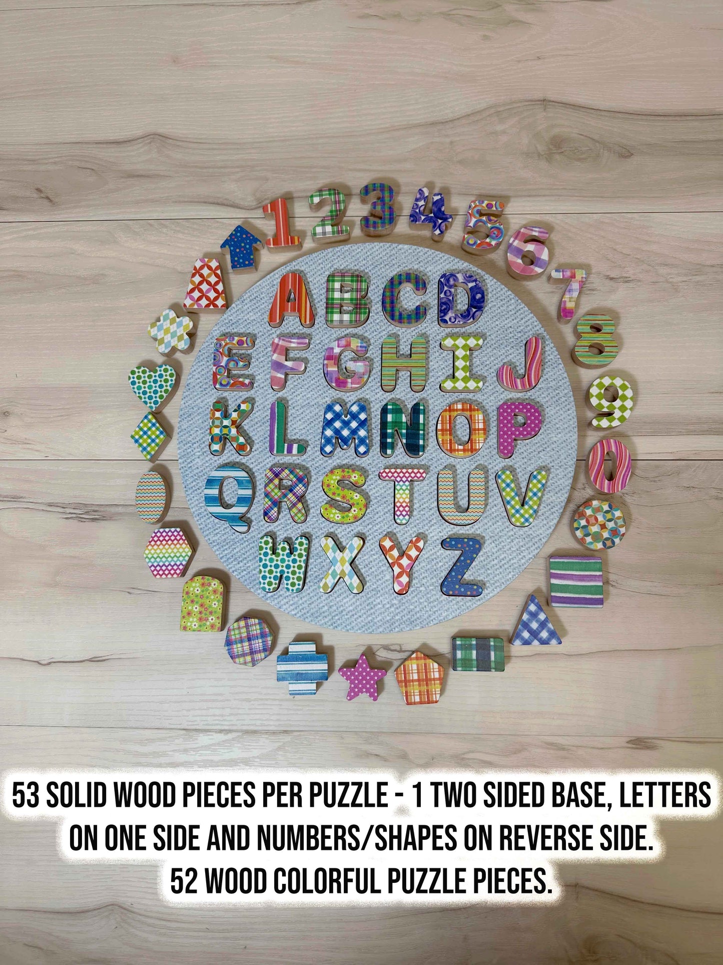ABC-123 FlipCraft Round 13" Solid Wood Puzzle, Dual-Sided, 26 Letters, 0-9 and 16 Shapes, Demin
