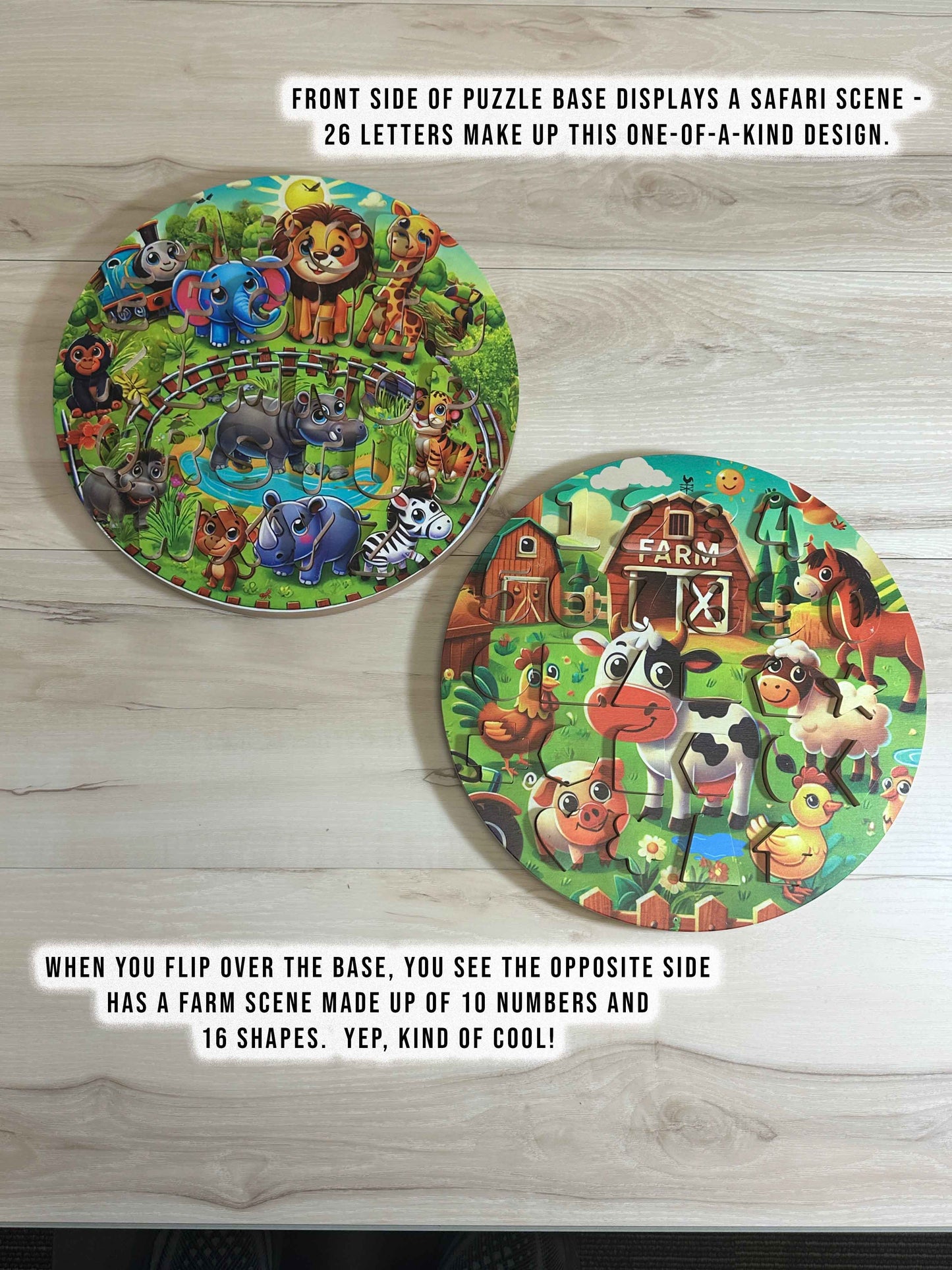 ABC-123 FlipCraft Round 13" Solid Wood Puzzle, Dual-Sided, 26 Letters, 0-9 and 16 Shapes, Safari/Farm Theme