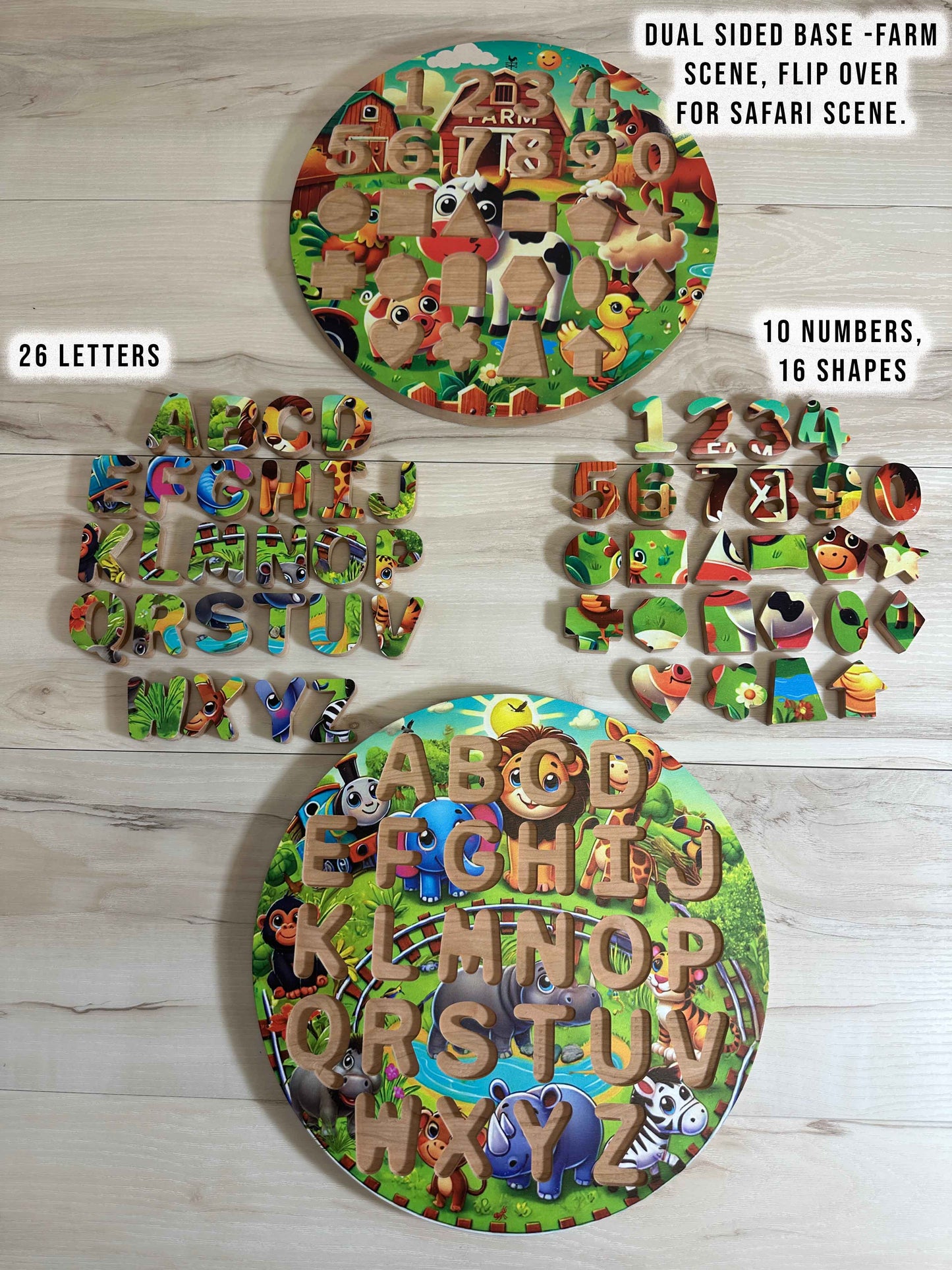 ABC-123 FlipCraft Round 13" Solid Wood Puzzle, Dual-Sided, 26 Letters, 0-9 and 16 Shapes, Safari/Farm Theme