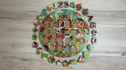ABC-123 FlipCraft Round 13" Solid Wood Puzzle, Dual-Sided, 26 Letters, 0-9 and 16 Shapes, Safari/Farm Theme