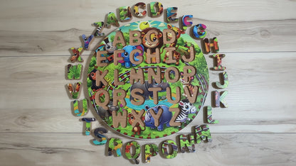 ABC-123 FlipCraft Round 13" Solid Wood Puzzle, Dual-Sided, 26 Letters, 0-9 and 16 Shapes, Safari/Farm Theme